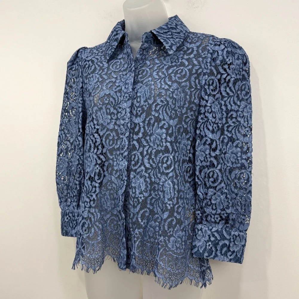 L'Agence Andrea Lace Button Front Blouse S Blue Sheer Feminine Dainty